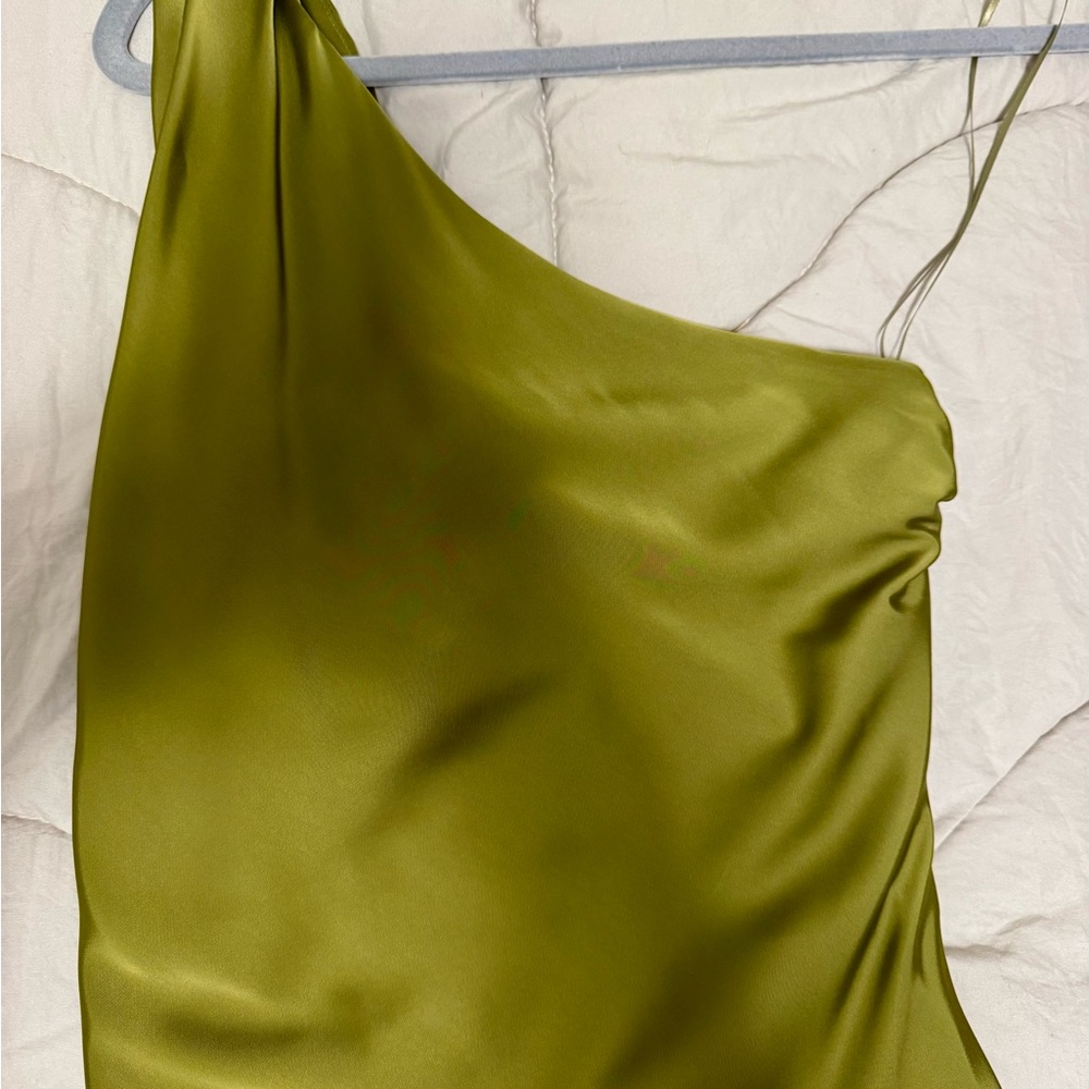 Zara Olive One Shoulder Satin Maxi Dress Size XS - Picture 2 of 5